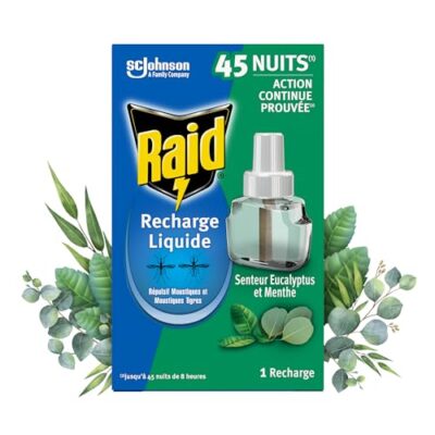 Raid Recharge Diffuseur Electrique Liquide - Répulsif Anti-Moustiques et Moustiques Tigres 45 Nuits - Senteur Eucalyptus et Menthe - 1 Recharge