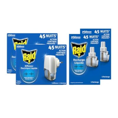 Raid 2 Diffuseurs électriques & 4 Recharges liquides Anti-Moustiques communs & Tigres, (4 x 45 Nuits)