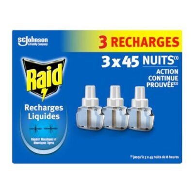 Raid recharges liquides pour diffuseur électrique répulsif moustiques et moustiques tigres – 3 x 45 nuits – 3 recharges de 32 ml