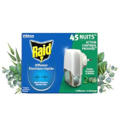 Raid Prise Anti-Moustiques Électrique Liquide Répulsif Moustiques et Moustiques Tigres 45 Nuits - Senteur Eucalyptus et Menthe - 1 Diffuseur + 1 Recharge