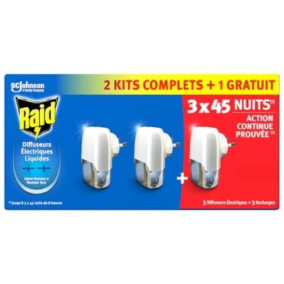 Raid Diffuseur Electrique Liquide - Répulsif Moustiques - 3x45 Nuits - 3 Diffuseurs et 3 Recharges de 32ml