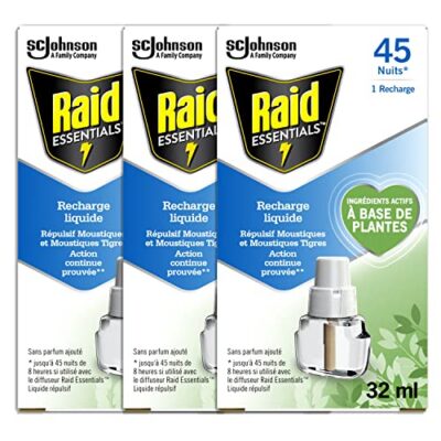 Raid Recharge Diffuseur Electrique Liquide - Répulsif Anti-Moustiques et Moustiques Tigres 45 Nuits - Senteur Eucalyptus et Menthe - 1 Recharge