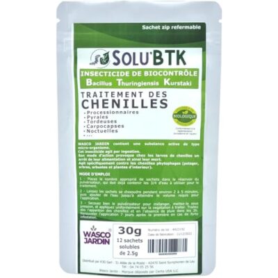 SoluBTK | 30 g - 40 litres | Insecticide Bacillus Thuringiensys Kurstaki | Chenilles, Pyrales, Tordeuses, Carpocapses, Noctuelles | UAB Agriculture Biologique