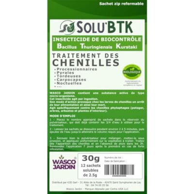 SoluBTK | 30 g - 40 litres | Insecticide Bacillus Thuringiensys Kurstaki | Chenilles, Pyrales, Tordeuses, Carpocapses, Noctuelles | UAB Agriculture Biologique