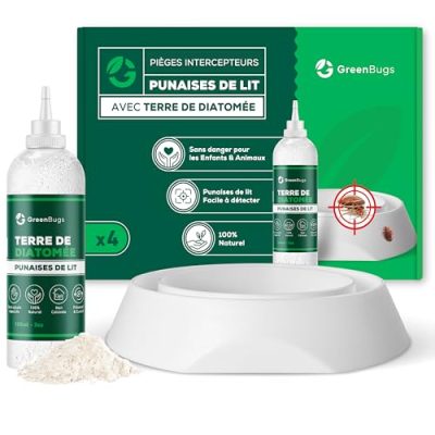GREENBUGS Piège Punaises de Lit (x4) avec Terre de Diatomée 100% Bio - Kit Intercepteurs Anti-Punaises pour Pieds de Lit - Solution Efficace - Inclus Mode d’Emploi