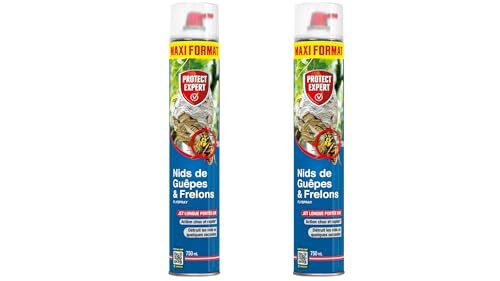PROTECT EXPERT Aérosols Pour Nid De Guêpes Frelons & Frelons Asiatiques - 2x750 ML - Mousse - Jet Longue Portée Pulvérisation Jusqu’à 6m - Traitement A Distance - Action Choc & Foudroyante GUEP750X2
