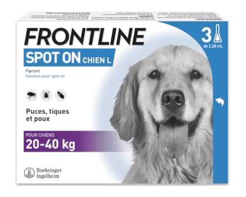 FRONTLINE Spot on Chien - Anti Puces, Anti-Tiques et Poux - Élimine Puces Pendant 8 Semaines-Tiques Pendant 4 Semaines - pour Chien 20 à 40 kg - Fabriqué en France - 3 Pipettes