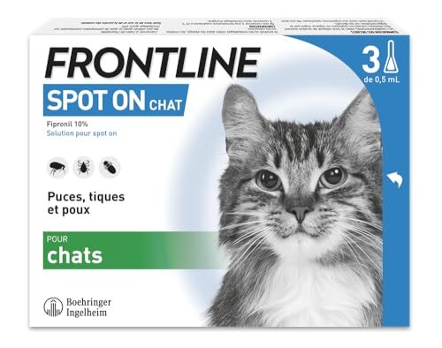 FRONTLINE Spot on Chat-Anti Puces, Tiques et Poux broyeurs-Protège L'Animal Pendant 4 Semaines Contre Les Puces, 2 Semaines Contre Les Tiques - Fabriqué en France-3 Pipettes Application Spot on
