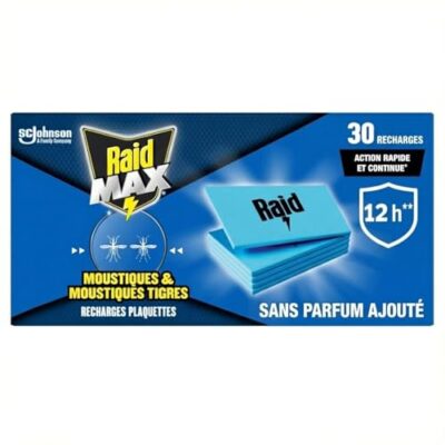 Raid Max Recharges Diffuseur Electrique Plaquettes - Anti-Moustiques et Moustiques Tigres - Protection Efficace - Sans Parfum - 30 Recharges