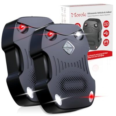 Morole 3 en 1 Ultrason Souris et Rats 2PCS,Puissant Repulsif Rouris Ultrason Portable,Fonctionne sur Batterie Voiture 12V,USB ou Piles AA,Protège Voiture,Garage et Grenier contre Rongeurs et Araignées