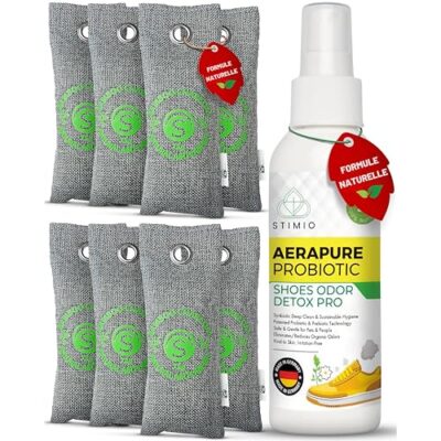 Stimio Max Fraîcheur – 8 Sachets Charbon Actif + Spray Anti-Odeurs 100 ml – Contre les Mauvaises Odeurs et l’Humidité – Déodorant Naturel Sans Produits Chimiques