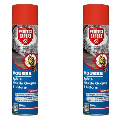 PROTECT EXPERT 2 Aérosols Anti Nids De Guêpes & Frelons - 2x600ml - Mousse Et Jet Longue Portée - Traitement A Distance - Pulvérisation Jusqu’à 3 Mètres - Action Choc & Foudroyante GUEPMOUS600NX2