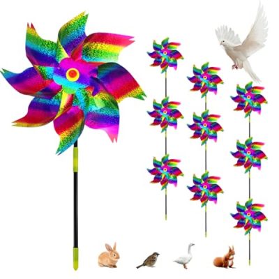 Bornes d'oiseaux, 10 paquets de moulinets réfléchissants pour décoration de jardin et de cour, moulinets à vent, dispositifs pour éloigner les oiseaux d'extérieur Coloré
