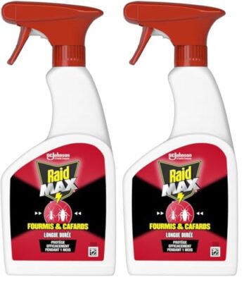 Raid Max Spray Fourmis & Cafards - Action Rapide & Protection Longue Durée - Sans Parfum - 1 Spray, 500 ml (Lot de 2)
