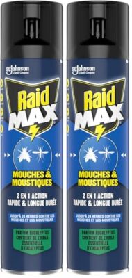 Raid Max Aérosol Mouches et Moustiques - 2 en 1 Action Rapide et Longue Durée - Parfum Eucalyptus - Jusqu'à 24h d'Efficacité - 1 Aérosol (Lot de 2)