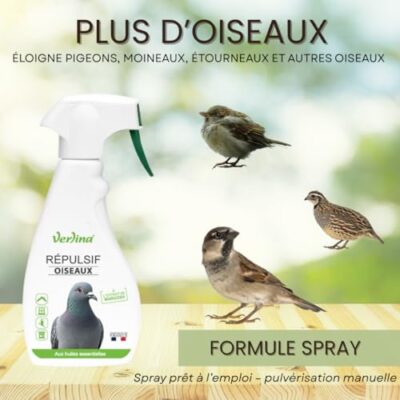 Verlina Répulsif Oiseaux Spray 500ml, Anti-Pigeons et Oiseaux Nuisibles, Prêt à l'emploi, Aux Huiles Essentielles, sans Insecticide, Usage Extérieur