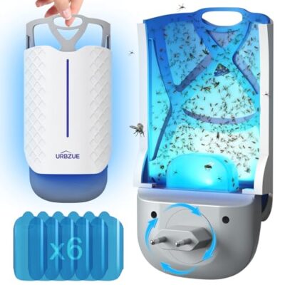 Piège à Moucherons pour Intérieur V2 | Piège Électrique avec Plaque Collante & Prise Pivotante | Contre Moucherons, Mites, Mouches à Fruits et Mouches | Cuisine & Maison, 1 Appareil + 6 Recharges