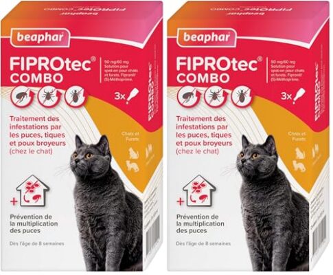 Beaphar – FIPROTEC Combo Solution Spot-on pour Chats et furets (>1kg) au Fipronil et (S)-Méthoprène dosés à 50 mg/60 MG – Agit Contre puces, tiques et poux broyeurs – 3 pipettes de 0,5 ML (Lot de 2)